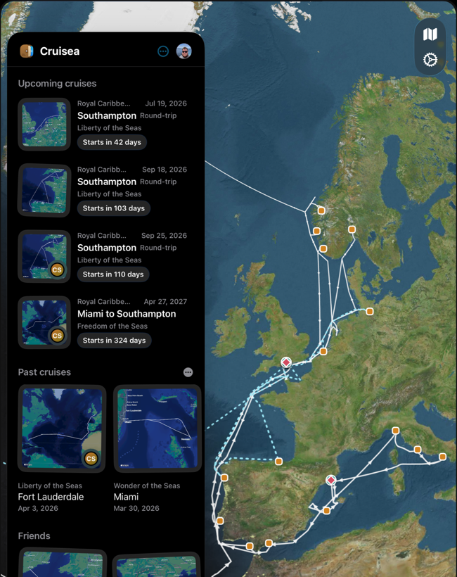 Cruisea home screen showing upcoming cruises, friends, and route maps