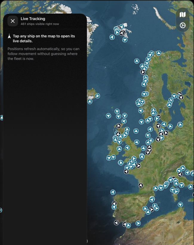 Cruisea live map screen showing ship positions and route context