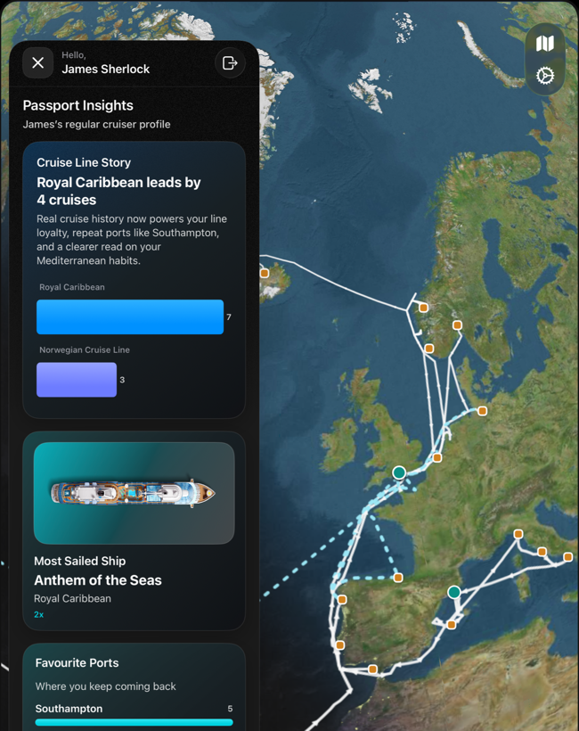 Cruisea passport screen showing cruise history insights and favourite ships
