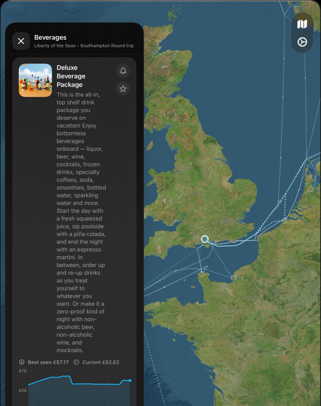 Cruisea price tracker screen showing a beverage package and price history