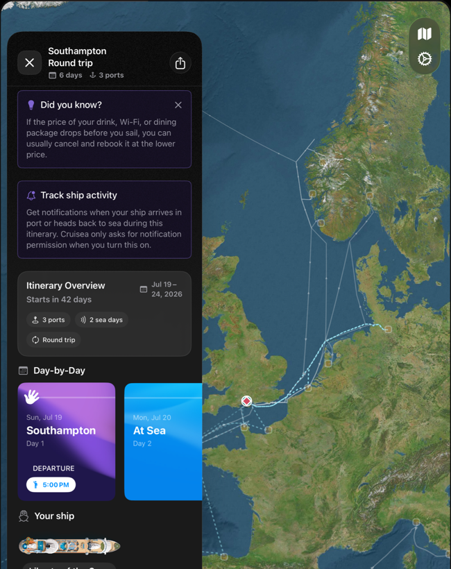 Cruisea voyage detail screen showing itinerary cards over a route map